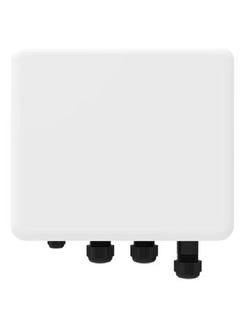 White rectangular device with four black connectors at the bottom.