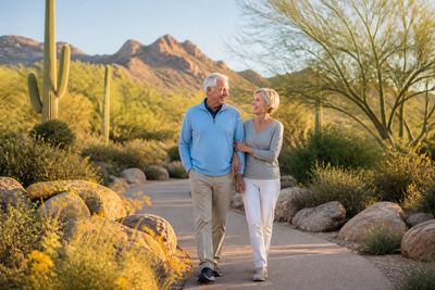 Active older couple walking through an Arizona desert landscape with saguaro cactus and mountains