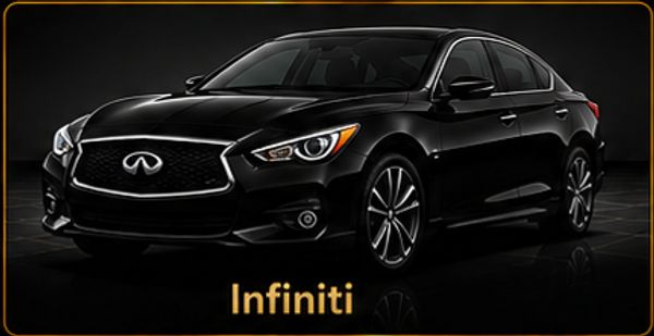 A sleek black Infiniti sedan on a dark background.