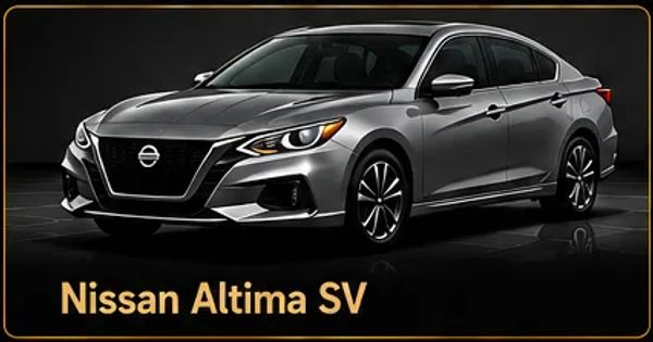 Sleek silver Nissan Altima SV car on black background.