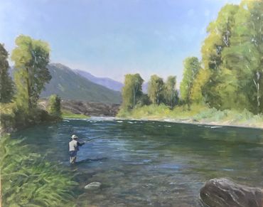 Original  Oil Landscape, fly fisher  blue sky