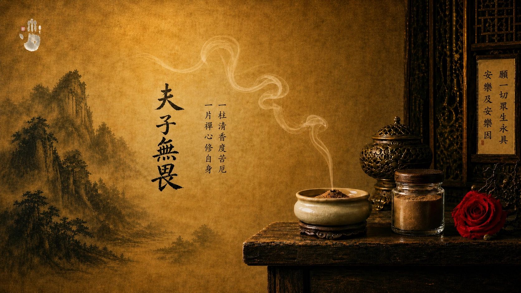 A serene scene with Fuziwuwei incense, traditional jars, a red rose, and Chinese calligraphy on a textured wall.