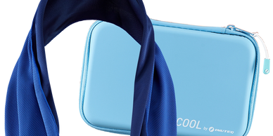 Blue scarf draped over a light blue travel case.