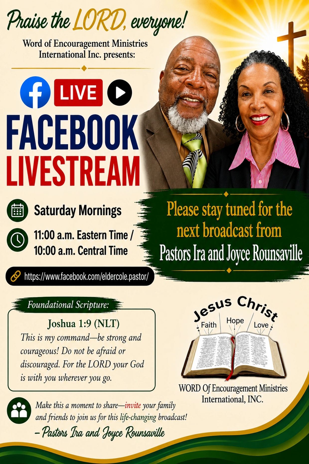 Promotion for a Facebook Livestream by Pastors Ira and Joyce Rounsaville on Saturday mornings.