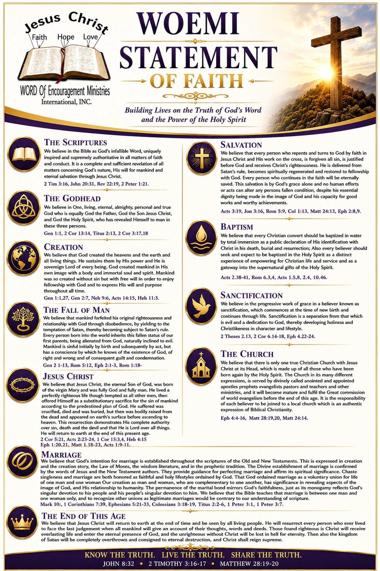 Faith statement from Word Of Encouragement Ministries about Christian beliefs.