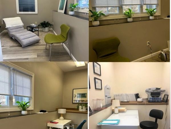 Cozy office spaces with modern furniture and plants.