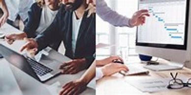 Photo of office people infront of laptop comuter and a person's arm and hand pointing to a computer 