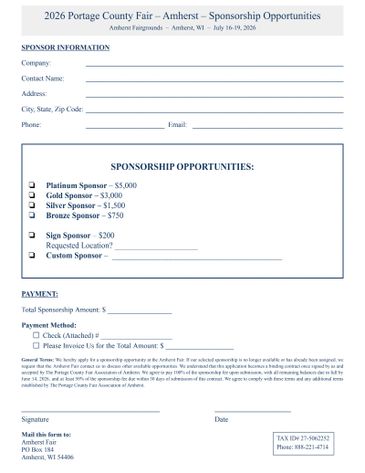 2026 Portage County Fair Amherst sponsorship form with various sponsorship levels.