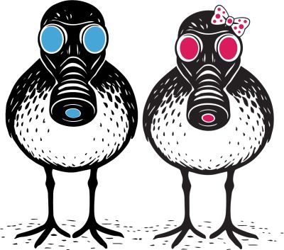 Two birds wearing gas masks, one with a bow.