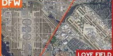 Aerial view comparing DFW and Love Field airports.