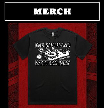 Black T-shirt with The Smith and Western Jury band logo and graphic design.