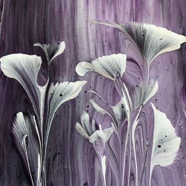 flower painting (purple, black, and white)