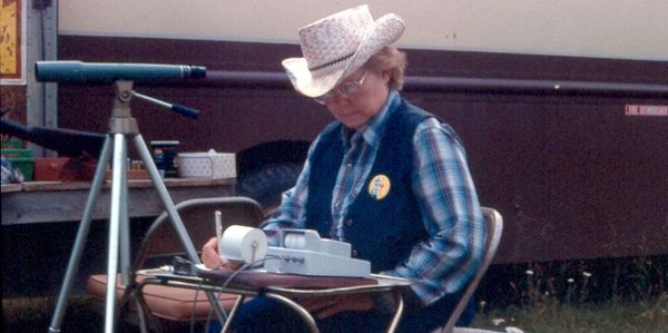 pat wolf co-author of the .45-70 book calculating chronograph results at the shooting range