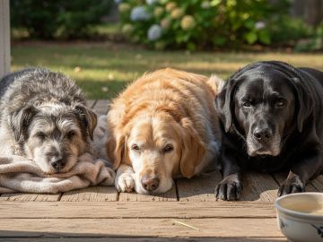 Three dogs lying on a wooden deck.