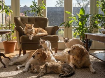 Multiple cats and dogs relaxing indoors on a sunny day.