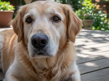 Close-up of a golden retriever outdoors.