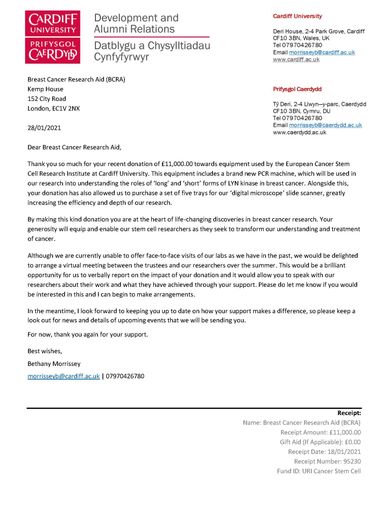 Letter of aknowledgement from the University of Cardiff