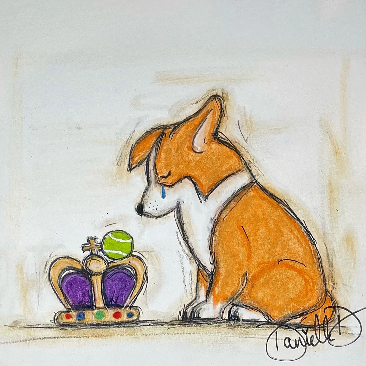 Crying corgi with crown and tennis ball by Danielle D 