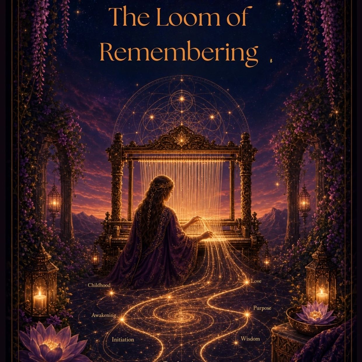 A mystical woman weaving memories on a glowing loom.