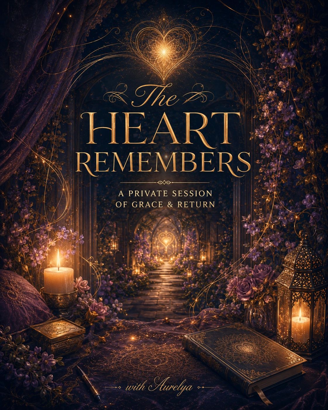 Elegant mystical scene with candles, flowers, and a book titled 'The Heart Remembers'.
