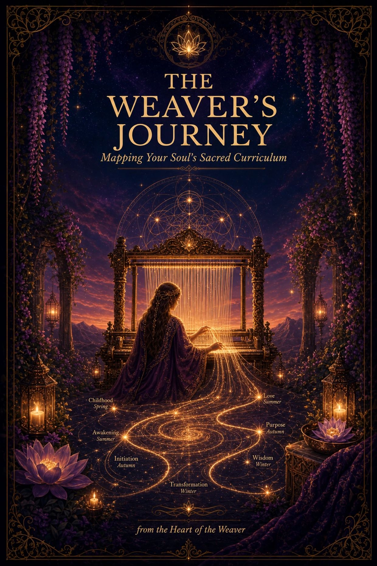 A mystical woman weaving a glowing tapestry under a starry sky.