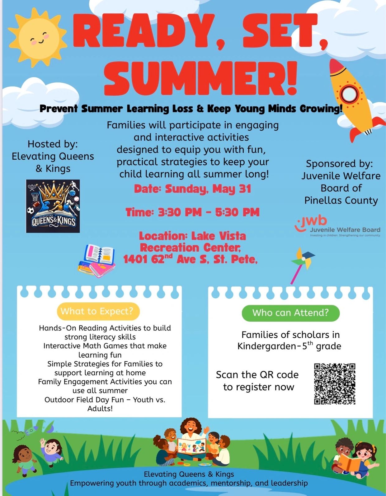 Summer learning event for families to prevent learning loss with activities and strategies, May 31 at Lake Vista Recreation Center.
