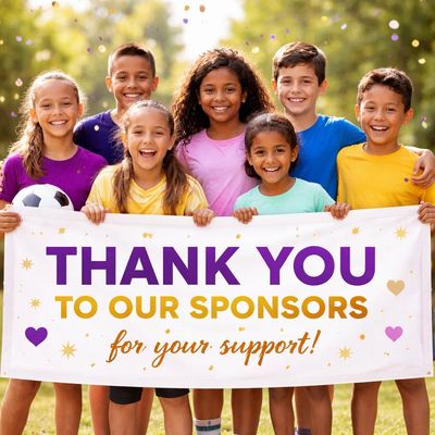 A group of happy children holding a thank you banner to sponsors.