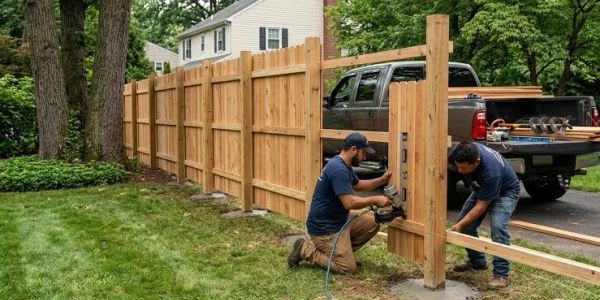 Two men building a wooden fence in a yard.