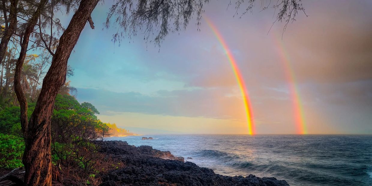 Double rainbow over a rocky coastline with lush trees at sunset.