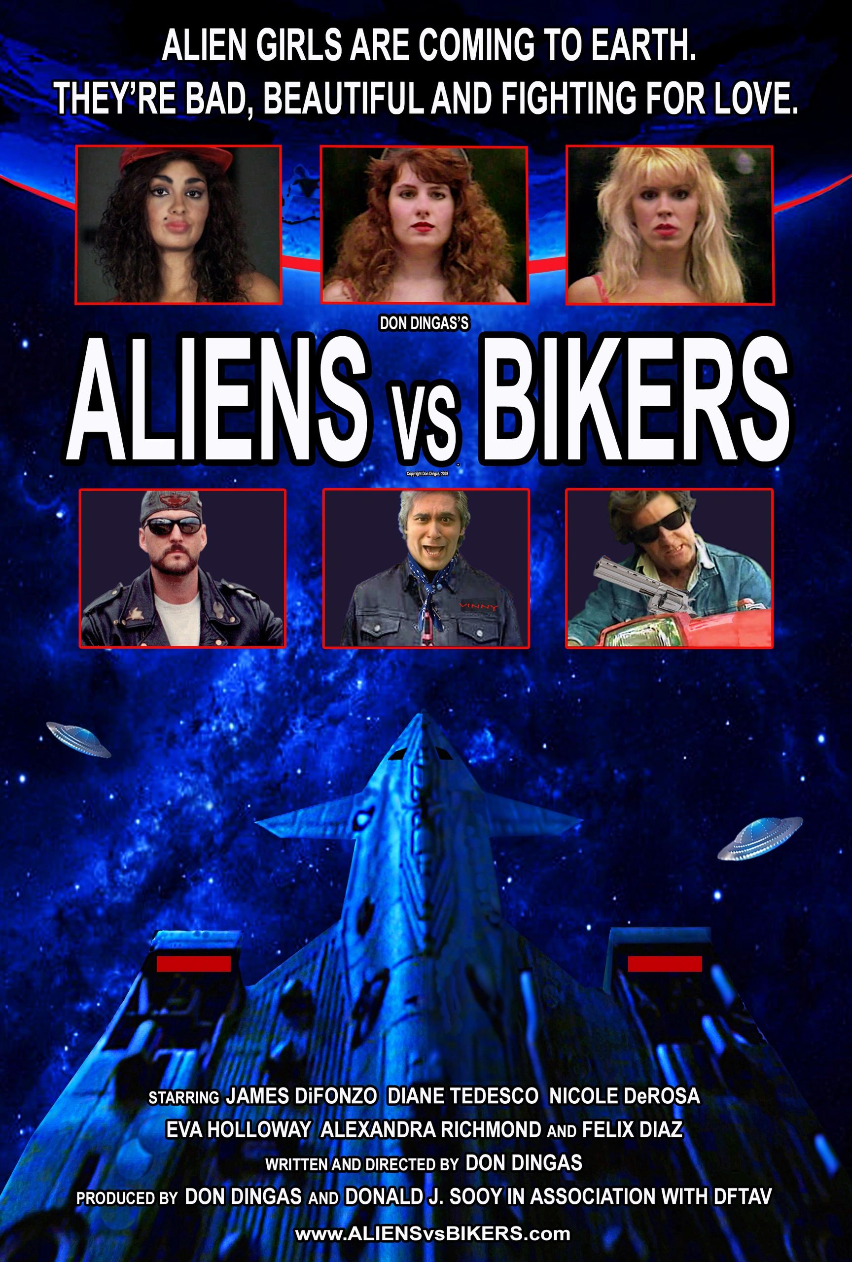 Movie poster for sci-fi film 'Aliens vs Bikers' with alien girls and bikers.