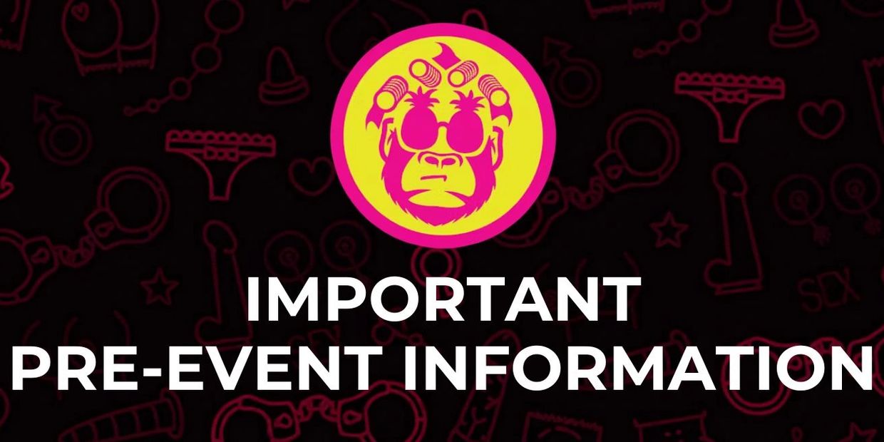 Colorful gorilla logo with bold text about important pre-event information.