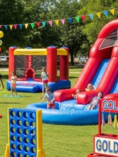 Smiling kids playing in safe bounce house rental during neighborhood party in the CSRA area

