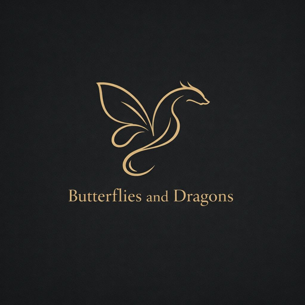 Elegant logo blending a butterfly and dragon in gold on black.