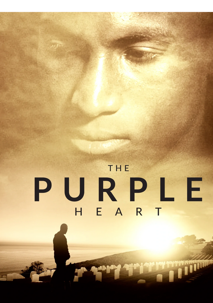 Movie poster for The Purple Heart with  Kionte Storey and his dog, Koja,  overlooking  many graves.
