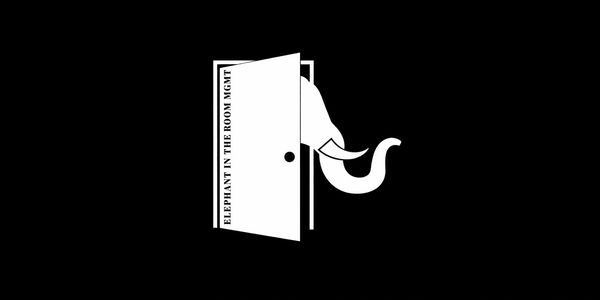 Elephant trunk peeking from a door labeled 'Elephant in the room mgmt'.