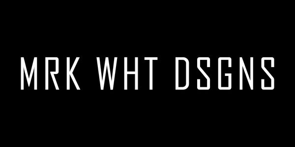 Text reading 'MRK WHT DSGNS' in white on black background.