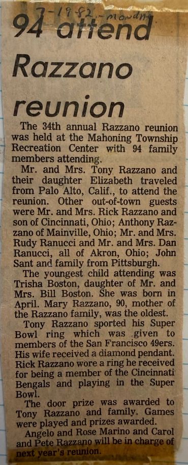 Article about the 34th annual Razzano family reunion.