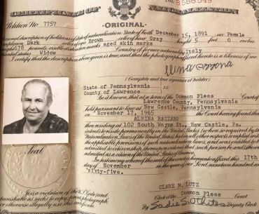 Vintage legal document with photograph of an elderly woman.