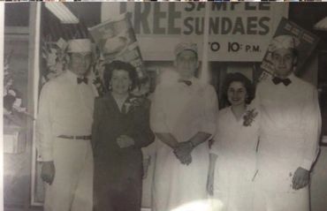 Five people posing in front of a sundae shop sign.