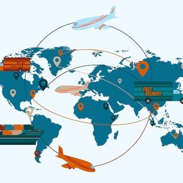 Global fast delivery using trucks, planes, and ships across continents.