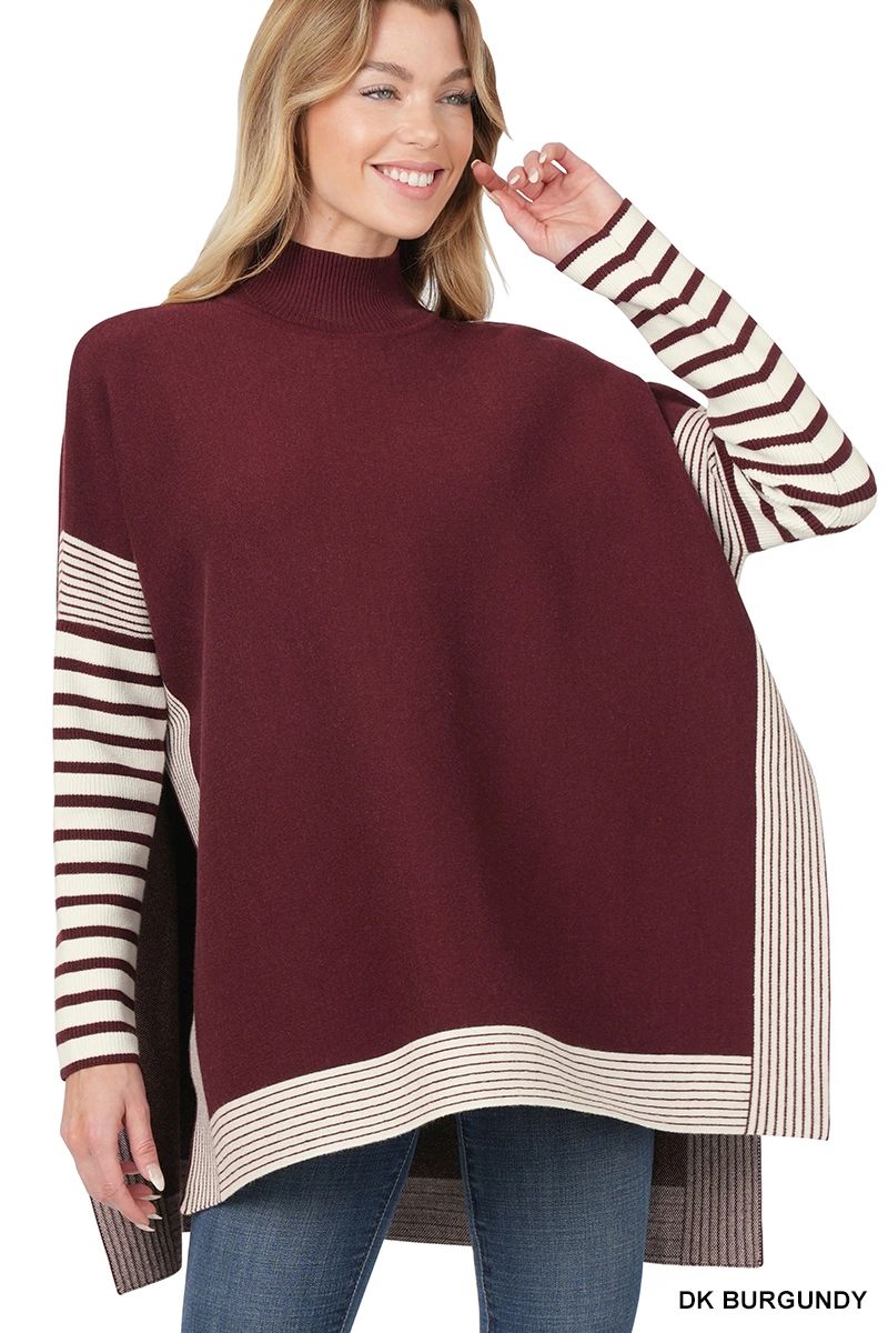 Contrast Striped Mock Neck Hi-Low Sweater