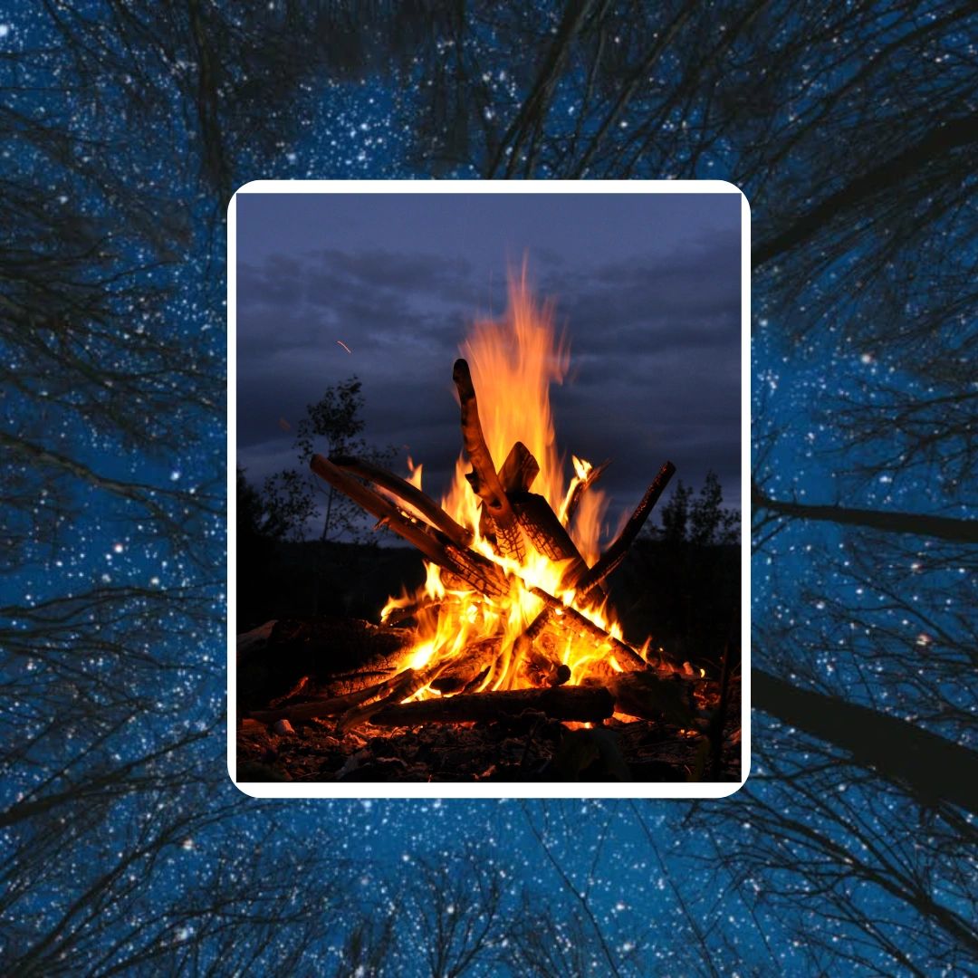 A bright campfire burning against a night sky.