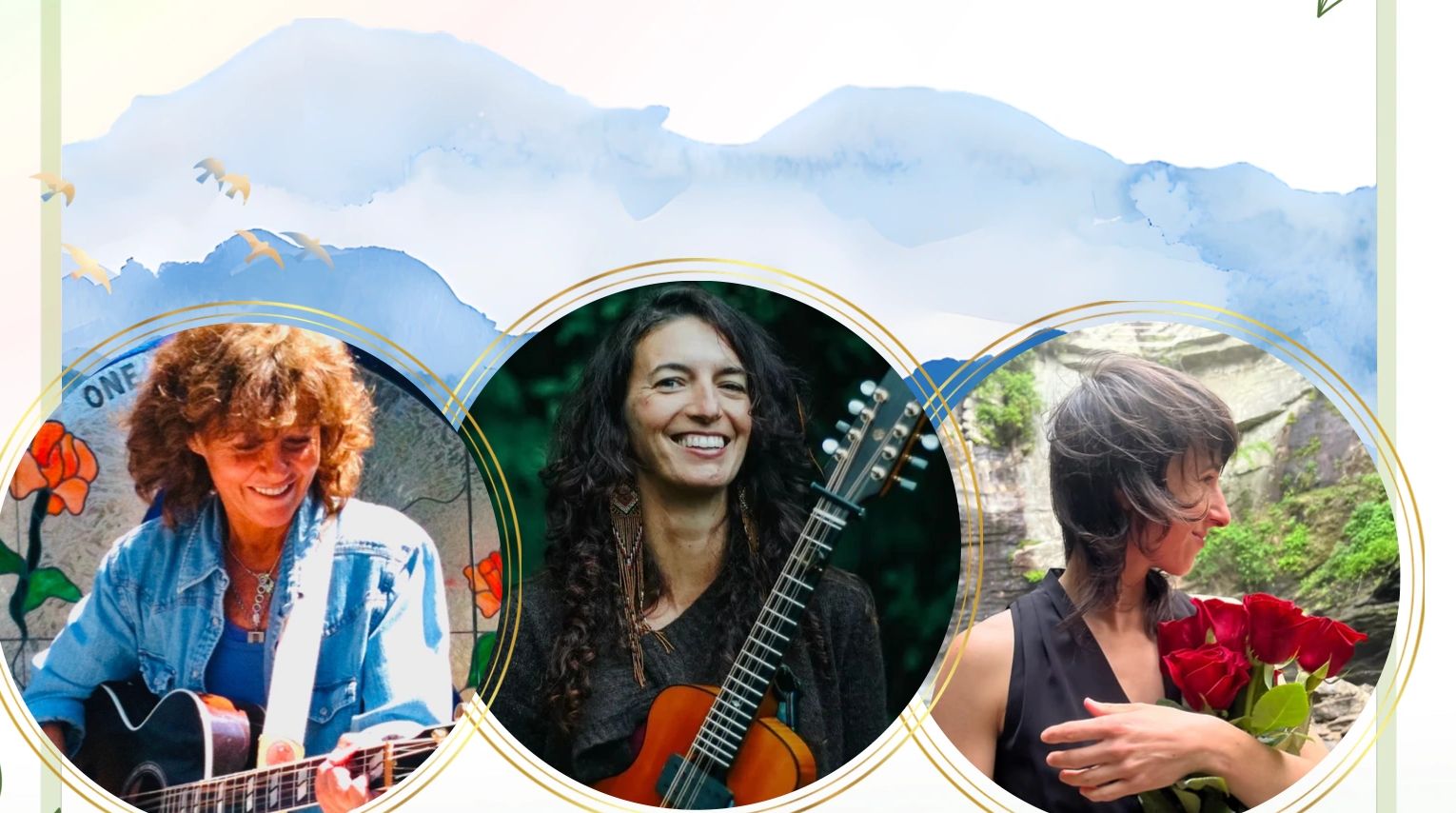 Three women in circular frames, two with guitars and one holding red roses.