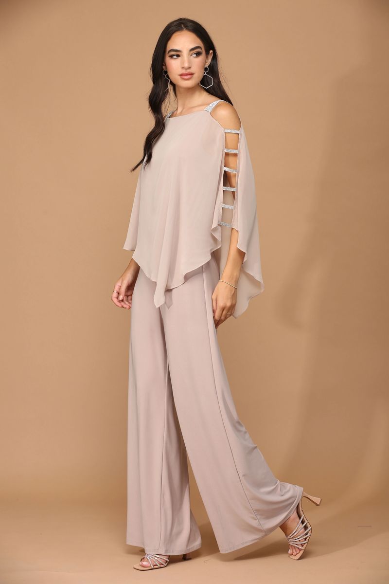 Stretch Jersey Jumpsuit with Attached Chiffon Cape Overlay (Size: 3X,  Color: Cocoa)