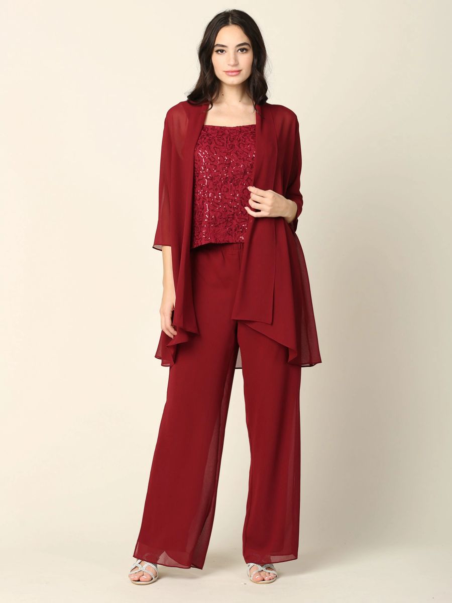 3 Piece Pretty Pant Suit (Color: Burgundy, Size: 3X)