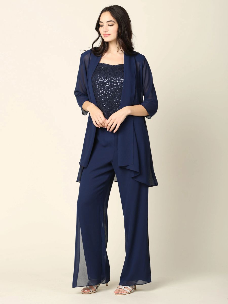 3 Piece Pretty Pant Suit (Color: Navy, Size: 3X)