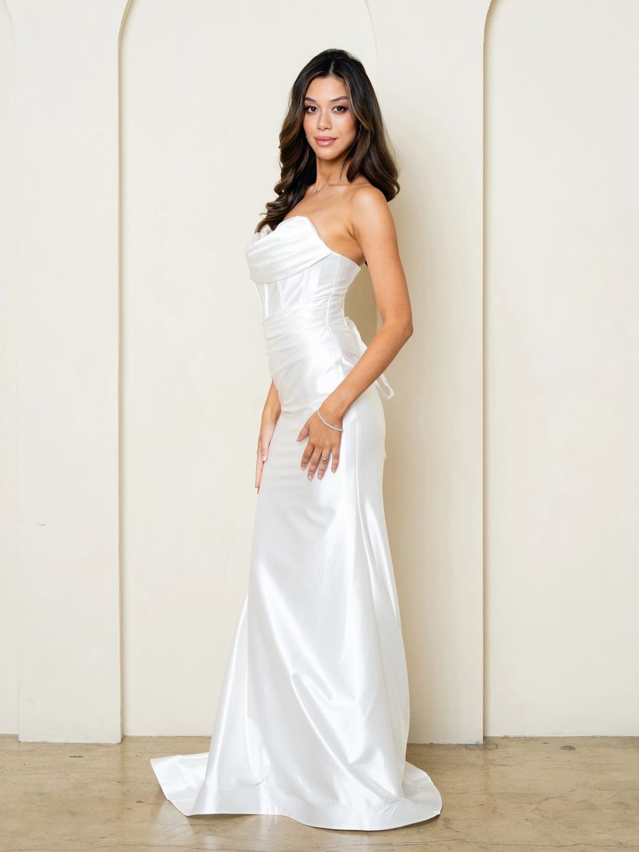 strapless satin fit and flare wedding dress Simple Satin Fit And Flare Sheath Light Ivory Wedding Dresses With Beaded Backless main image 0