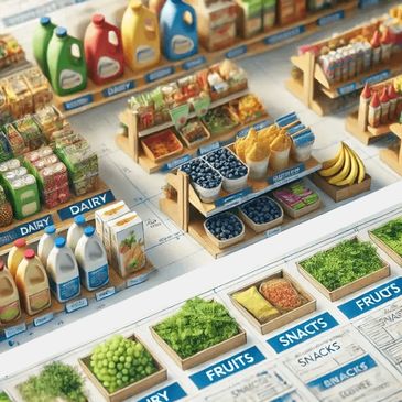 A detailed miniature model of a grocery store with fruits, dairy, and snacks sections.