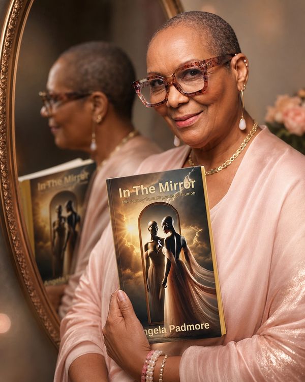 A smiling woman holds a book titled 'In The Mirror' by Angela Padmore.