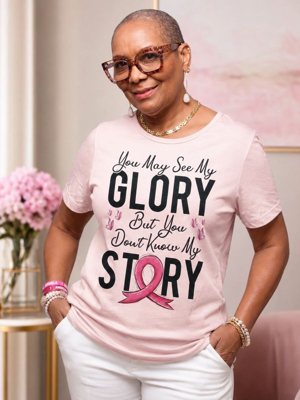 Woman wearing a pink shirt with an inspiring breast cancer awareness message.